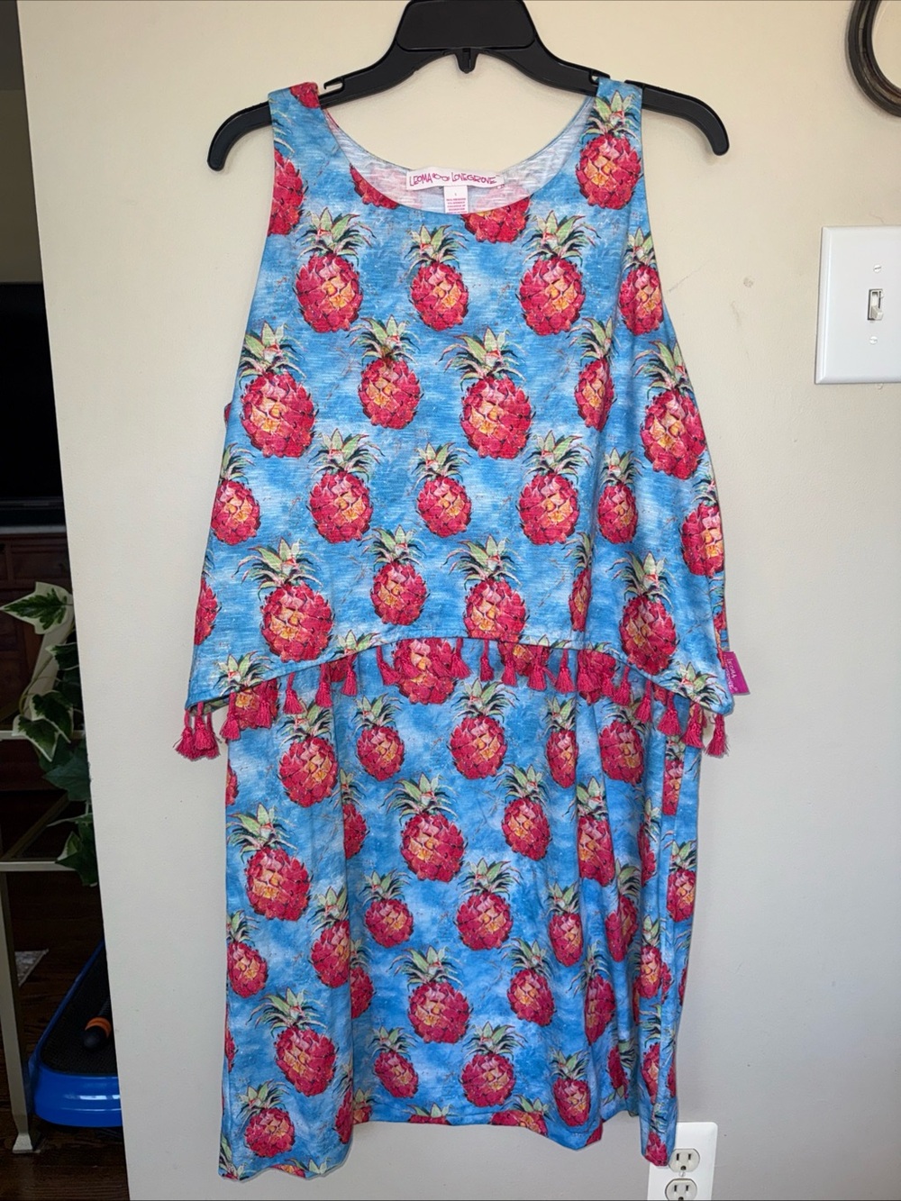 Girls Pineapple Print Pajama Set with Pink Tassel Trim - Blue